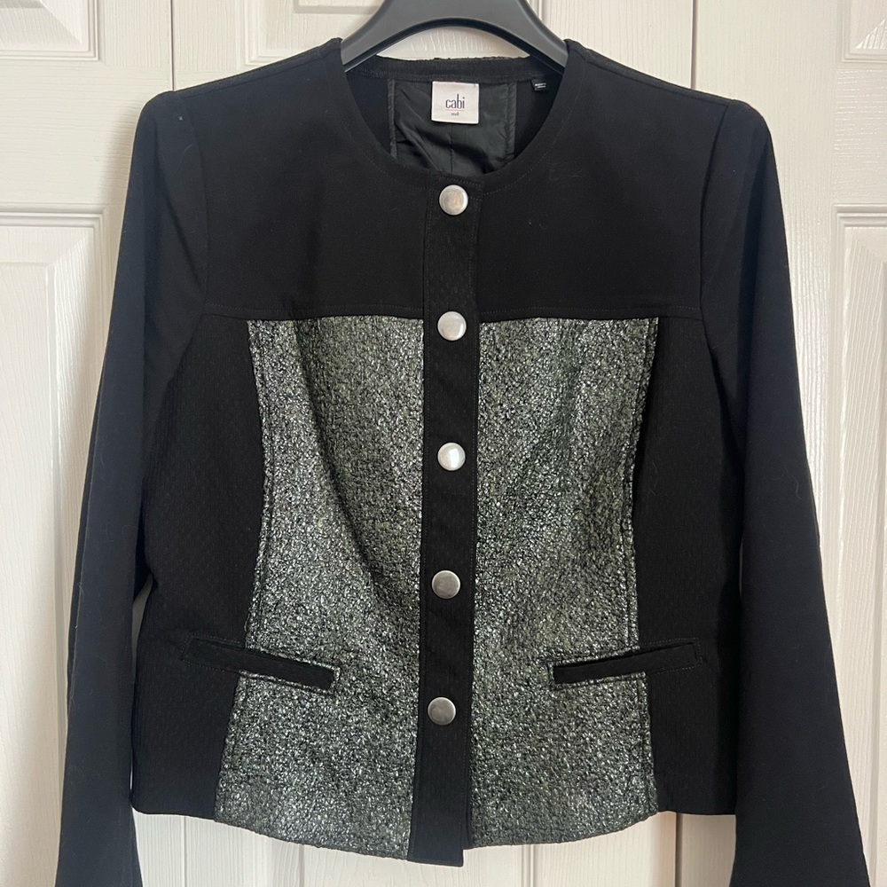 CAbi Women’s mixed media snap button panel black crop length jacket